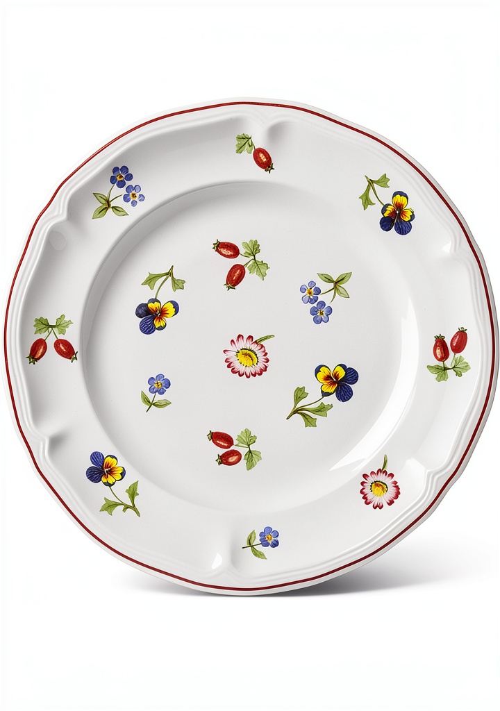 Villeroy Boch Petite Fleur bread plate displayed on a rustic wooden table with a baguette and butter spread