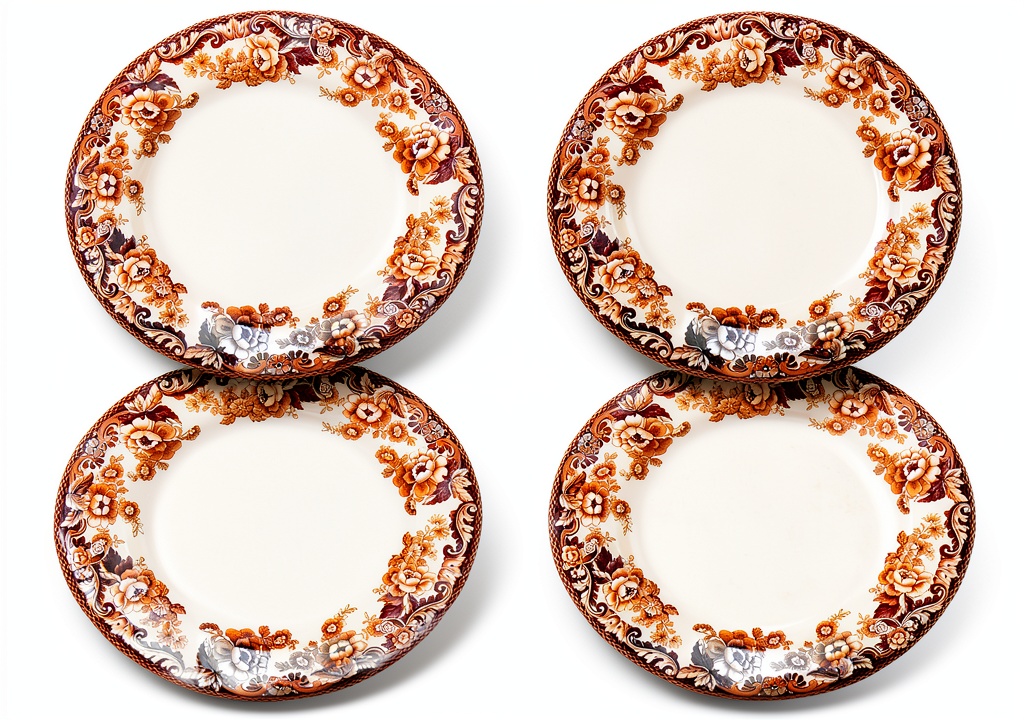 Spode Appetizer Plates Earthenware Floral Pattern displayed on a rustic wooden table with a loaf of artisan bread and butter