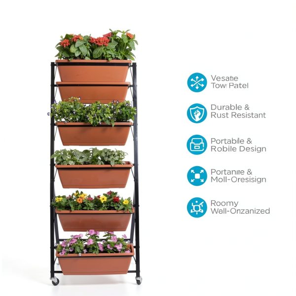 Vertical Garden Planter BIRDROCK HOME 5-Tier Metal Rolling Stand-3